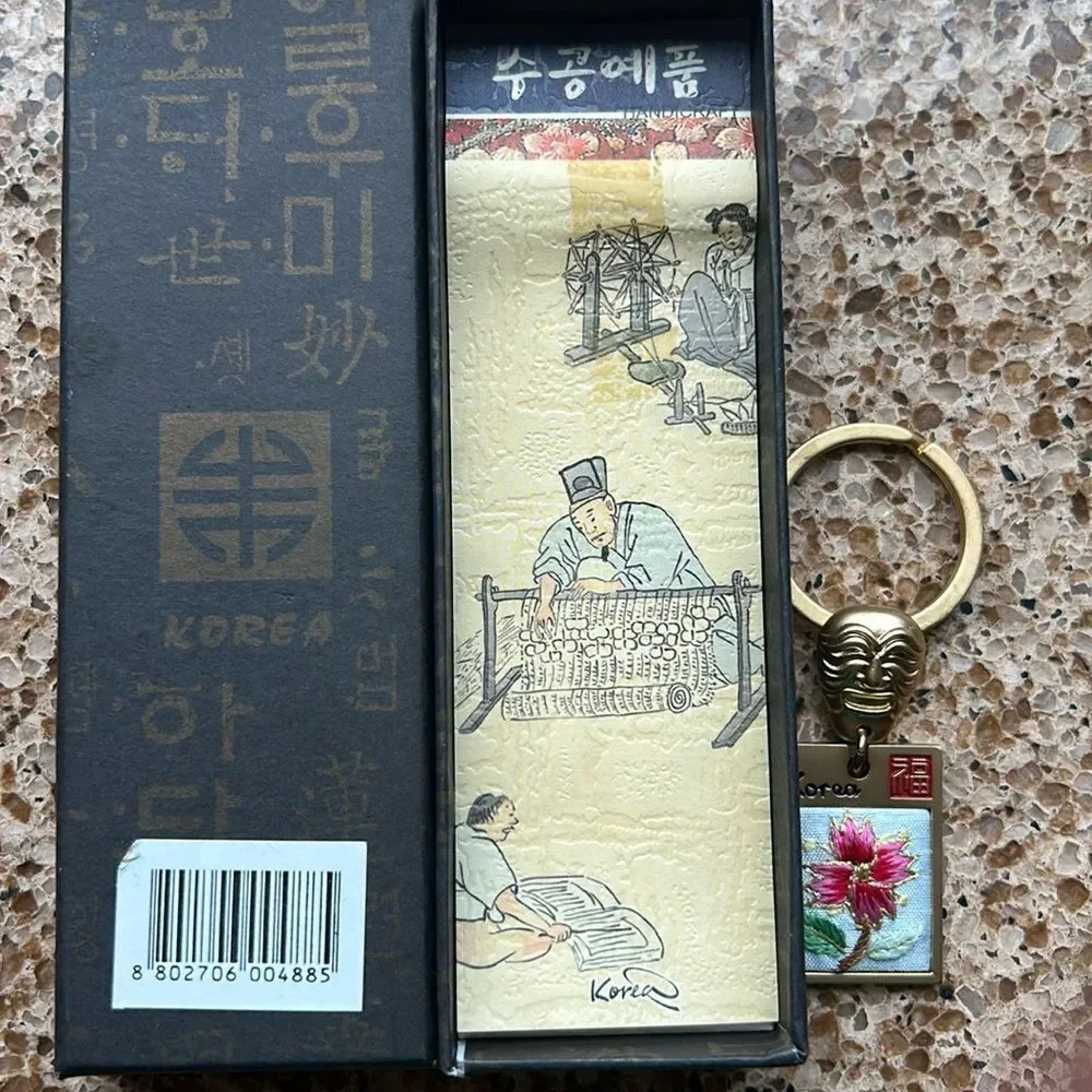 Gold Tone Korean Mask Keychain with Flower 🌺 Tag In Box 🗃️ engraved Korea back
